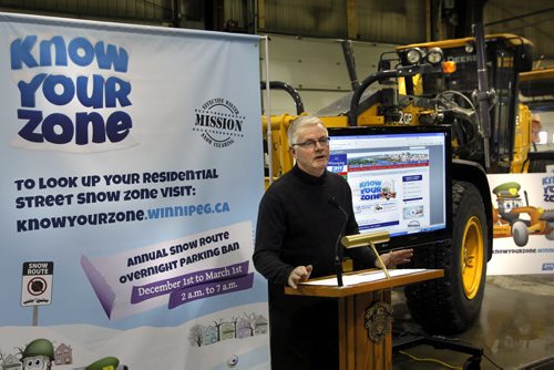 Ken Boyd, Manager of Streets Maintenance, Public Works Department gives an update on winter parking bans and launch of Know Your Zone public education campaign at news conference Monday.  Carol Sanders story   (WAYNE GLOWACKI/WINNIPEG FREE PRESS) Winnipeg Free Press Nov. 28 2011