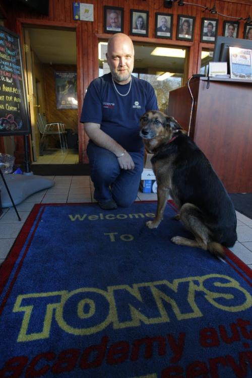 DROPPING IN COLUMN - Tony's Academy Auto Service's Troy Goldstone with a dog named Bailey.  November 28, 2011 (BORIS MINKEVICH/ WINNIPEG FREE PRESS)