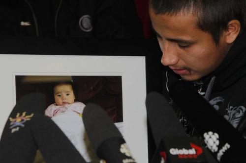 Press Conference at the AMC for baby death. Drianna Ross was two months old and from God's Lake Narrows First Nation. She died at a community nursing station on Saturday. In photo Paul Ross tells the story about how Drianna Ross died in his arms.  November 29, 2011 (BORIS MINKEVICH/ WINNIPEG FREE PRESS)