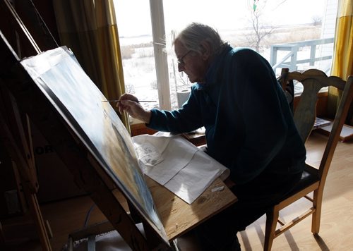 Delta Beach - Delta Marsh artist  91 year old  Peter Ward  has been  put out of his  house  by Assiniboine River / Lake Manitoba flooding  continues to  go out to his  home and paint for a few hours each day .He lives in a rented house in a Portage la Prairie  - Bill Redekop Story -  - KEN GIGLIOTTI /  WINNIPEG FREE PRESS /  Nov. 30  2011