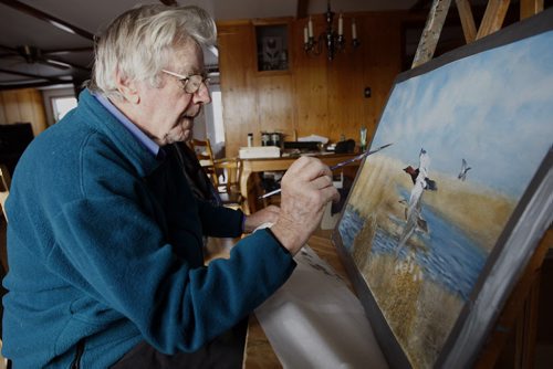 Delta Beach - Delta Marsh artist  91 year old  Peter Ward  has been  put out of his  house  by Assiniboine River / Lake Manitoba flooding  continues to  go out to his  home and paint for a few hours each day .He lives in a rented house i Portage la Prairie  - Bill Redekop Story -  - KEN GIGLIOTTI /  WINNIPEG FREE PRESS /  Nov. 30  2011