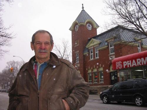 Morden Mayor Ken Wiebe next to old downtown clock tower. Also, photos of him crossing Stephen Street towards clock tower. Bill Redekop Winnipeg Free Press