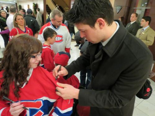 Carey Price, Montreal Canadiens goaltender, signs a jersey for Kyla Horbul at the Fairmont Thursday afternoon. December 22, 2011 - for Gordon Sinclair story / winnipeg free press