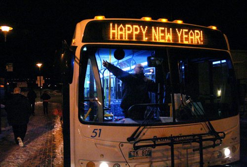 Brandon Sun Transit driver Hank Loewen stops to rest in the downtown transit loop during free bus service on New Year's Eve. (Kelly Malone/Brandon Sun)