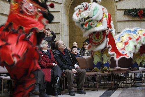 January 1, 2012 - 120101  - Members of the Ching Wu Athletic Association perform the Lion Dance for the crowd at the Lieutenant Governor's New Year Levee held at the Manitoba Legislature Sunday, January 1, 2012.  John Woods / Winnipeg Free Press