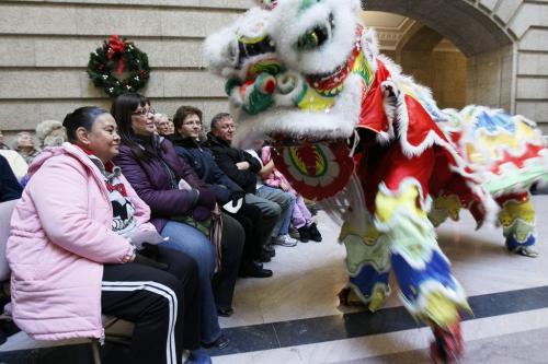 January 1, 2012 - 120101  - Members of the Ching Wu Athletic Association perform the Lion Dance for the crowd at the Lieutenant Governor's New Year Levee held at the Manitoba Legislature Sunday, January 1, 2012.  John Woods / Winnipeg Free Press