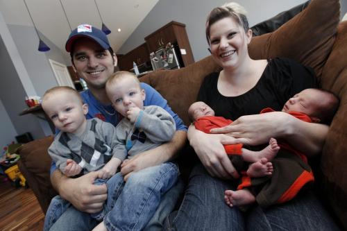 January 13, 2012 - 120113  -  Two year old twins Kyson (L) and Breysan (R) Paskaruk are photographed with their parents Steve and Melinda, and their new brothers Ryder and Chase in their St. Pierre-Jolys home Friday, January 13, 2012.  The Paskaruk family have had two sets of identical twins within two years. John Woods / Winnipeg Free Press
