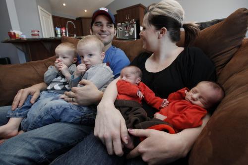 January 13, 2012 - 120113  -  Two year old twins Kyson (L) and Breysan (R) Paskaruk are photographed with their parents Steve and Melinda, and their new brothers Ryder and Chase in their St. Pierre-Jolys home Friday, January 13, 2012.  The Paskaruk family have had two sets of identical twins within two years. John Woods / Winnipeg Free Press