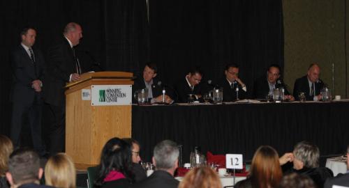 Sports marketing luncheon-seminar Panel includes Mark Chipman(3rd from left). Hosted by Hustler and Lawless at the Winnipeg Convention Centre.  January 13, 2012 BORIS MINKEVICH / WINNIPEG FREE PRESS