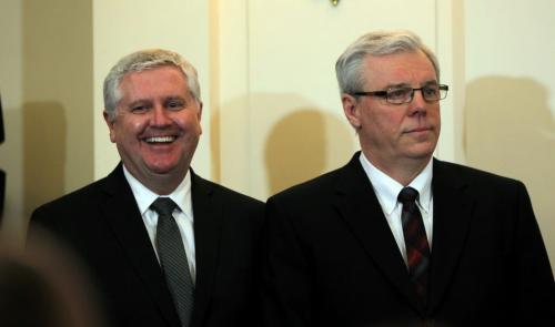 Gord Mackintosh, minister of conservation and water stewarship, and premier Greg Selinger at the cabinet shuffle.  January 13, 2012 BORIS MINKEVICH / WINNIPEG FREE PRESS