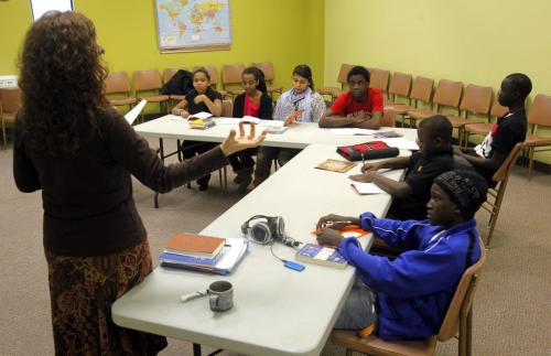 Teacher Francine Wiebe, left,  teaches a small group of African students at Calvary Temple.  January 12, 2012 BORIS MINKEVICH / WINNIPEG FREE PRESS