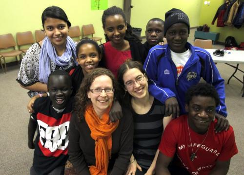 A small group of African students go to school at Calvary Temple. The teachers are Francine Wiebe and Jessica McInnes (middle front). Around them Chol Majur, Jussy Velasco, Saliem Beraki, Mesrak Samsom, Thomas Abut, Shedrek Samuel, and Mo Geddert.  January 12, 2012 BORIS MINKEVICH / WINNIPEG FREE PRESS