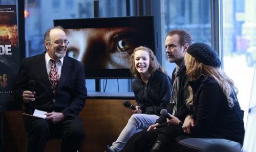 Actors in the movie The Divide from left Abbey Thickson, Michael Biehn and Jennifer Blanc interviewed by reporter Randall King at the Winnipeg Free Press News Cafe Thursday. (WAYNE GLOWACKI/WINNIPEG FREE PRESS) Winnipeg Free Press Jan. 19 2012