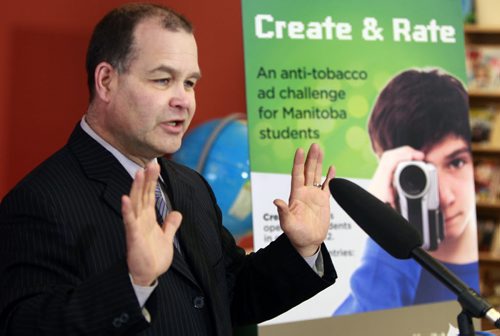 Jim Rondeau, Healthy Living, Seniors and Consumer Affairs Minister announced at a news conference at the West Kildonan Collegiate Thursday that students in Manitoba in grades 5 to 12 will have the opportunity to create their own anti-tobacco videos for Create and Rate, an anti-tobacco video challenge. The deadline for entries is March 31. The top videos selected by judges will be posted online at www.mbcreaterate.ca during the third week of April for students to review and rate, with prizes for winning entries.  (WAYNE GLOWACKI/WINNIPEG FREE PRESS) Winnipeg Free Press Jan. 19 2012