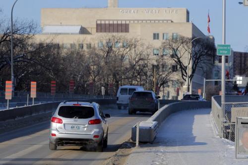 Pics showing the guard rail in relation to the road and the sidewalk on bridges. Osborne Street Bridge crossing over into downtown by the Great West Life building. January 19, 2012 BORIS MINKEVICH / WINNIPEG FREE PRESS