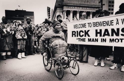 Jeff De Booy / Winnipeg Free Press Archives January 18, 1987 Rick Hansen gets a warm reception on the cold Winnipeg corner of Portage and Main Sunday afternoon. Hansen was later met by about 4,000 supporters at the Winnipeg Convention Centre.