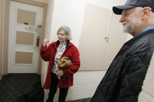 January 22, 2012 - 120122  -  On Sunday January 22, 2012 Dale Anderson (L) and Ray Klassen speak beside a finger printed door about a 88 year old woman who was a victim of a home invasion in their seniors apartment complex of Henderson. John Woods / Winnipeg Free Press