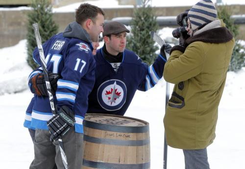 WEATHER STANDUP - Graem  Lowe, Ryan Leggett, and Triston Drysdale pose for some promotional photos and videos  for New York based film guy Alain Hain. They were shooting a promo video for Glengiddich Scotch. January 25, 2012 BORIS MINKEVICH / WINNIPEG FREE PRESS