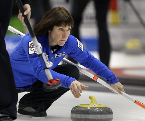 Skip Janet Harvey throws during play Thursday afternoon against team Lisa Deriviere, not pictured, at the 2012 Scotties Tournament of Hearts in Portage La Prairie, Manitoba- - See Paul Wiecek story January 26, 2012   (JOE BRYKSA / WINNIPEG FREE PRESS)