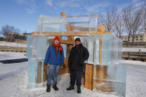 Warming Huts. FIVE-HOLE by Gehry International, Inc. from Los Angeles, CA. In photo David Wiebe and Sam Gehry pose in front of the unclompleted art. January 26, 2012 BORIS MINKEVICH / WINNIPEG FREE PRESS