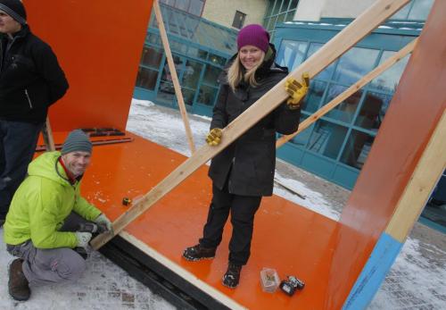 Warming Huts. Wind Catcher - From Norway. In photo Luca Roncoroni and Tina Soli in the unclompleted art. January 26, 2012 BORIS MINKEVICH / WINNIPEG FREE PRESS