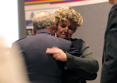 RCMP briefing on the drug trends and seizures in Manitoba last year, and the links to organized crime in Manitoba communities.  Assistant Commissioner D.W. (Bill) Robinson, Commanding Officer RCMP D Division hugs Ms. Lori Davis, mother of murder victim.  January 27, 2012 BORIS MINKEVICH / WINNIPEG FREE PRESS