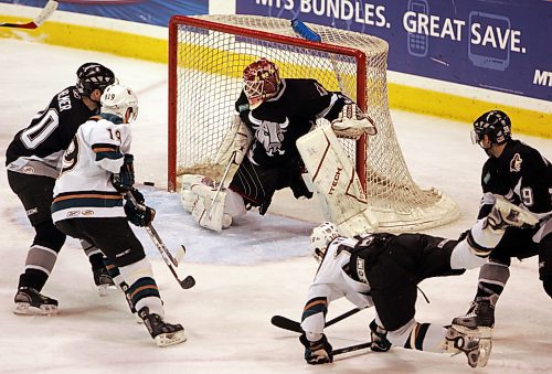 BORIS MINKEVICH / WINNIPEG FREE PRESS  070117 Manitoba Moose #10 Brandon Reid gets tossed as his shot clears the San Antonio Rampage goal.