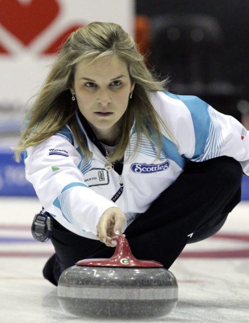 Skip Jennifer Jones throws a rock against Team Barb Spencer in the Friday evening draw of the Scotties Tournament of Hearts in Portage la Prairie at the PCU Centre. 120127 - Friday, January 27, 2012 -  (MIKE DEAL / WINNIPEG FREE PRESS)