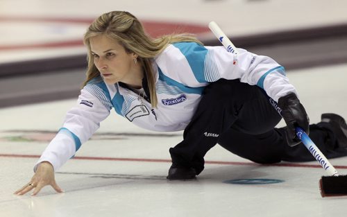 Jennifer Jones watches her last rock against Barb Spencer in the 10th end.  She  went on to defeather 7-5 Sunday afternoon in the semi final at the 2012 Scotties Tournament of Hearts in Portage La Prairie. The win advances her to the final this afternoon against Chelsea Carey from Morden, Manitoba  - See Paul Wiecek story January 29, 2012   (JOE BRYKSA / WINNIPEG FREE PRESS) vs Chelsea Carey