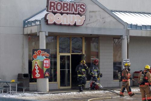 Photos of fire scene at the Robins Donuts on Main Street and Redwood. Fire was in the roof area. REPORTER: N/A  February 2, 2012 BORIS MINKEVICH / WINNIPEG FREE PRESS