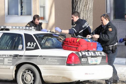 A person is treated in the back of a police cruiser after being stabbed in an apartment block at 553 Sherbrook just before 2 P.M. Saturday afternoon. No report on his condition. 120204 Mike Deal / Winnipeg Free Press