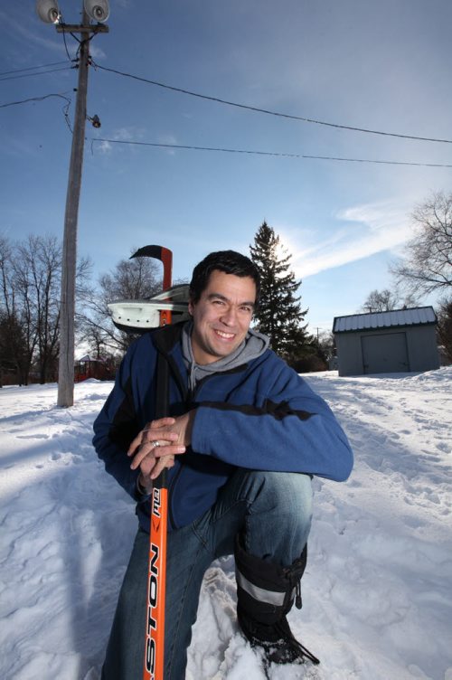 Portrait of David Robertson in park at Brock and Fleet where he used to spend every night and weekend playing hockey on outdoor rink.  The rink was taken down a few years ago but some of the lights still remain. See My Winnipeg Story. Feb 04, 2012 (Ruth Bonneville / Winnipeg Free Press)