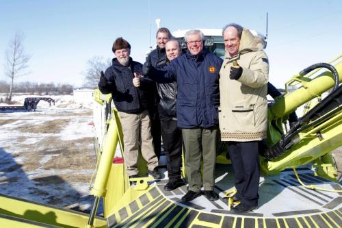 The new Amphibex AE400 at the news conference announcing it in East Selkirk, Manitoba. Left to right. St. Andrews Reeve Don Forfar, Peter Bjornson -MLA for Gimli, St. Clements Mayor Steve Strang, Manitoba Premier Greg Selenger, and Selkirk NDP MLA Greg Dewar. February 10, 2012 BORIS MINKEVICH / WINNIPEG FREE PRESS