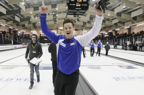 February 12, 2012 - 120212  - Rob Fowler celebrates his win in the Safeway Championship over Mike McEwen in Dauphin Sunday February 12, 2012.    John Woods / Winnipeg Free Press