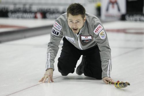 February 12, 2012 - 120212  -  Mike McEwen curls in the Safeway Championship against Rob Fowler in Dauphin Sunday February 12, 2012.    John Woods / Winnipeg Free Press