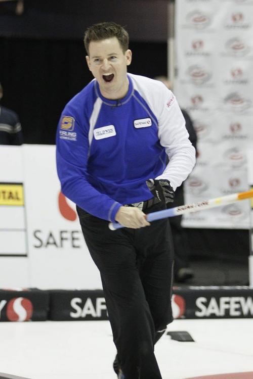 February 12, 2012 - 120212  - Rob Fowler celebrates his win in the Safeway Championship against Mike McEwen in Dauphin Sunday February 12, 2012.    John Woods / Winnipeg Free Press