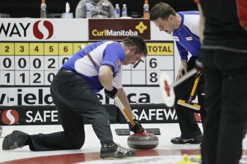 February 12, 2012 - 120212  -  Rob Fowler yells at his 3rd Allan Lyburn to sweep in the Safeway Championship against Mike McEwen in Dauphin Sunday February 12, 2012.    John Woods / Winnipeg Free Press