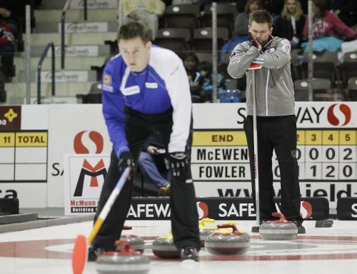 February 12, 2012 - 120212  - Mike McEwen (R) considers his shot as he curls in the Safeway Championship against Rob Fowler in Dauphin Sunday February 12, 2012.    John Woods / Winnipeg Free Press