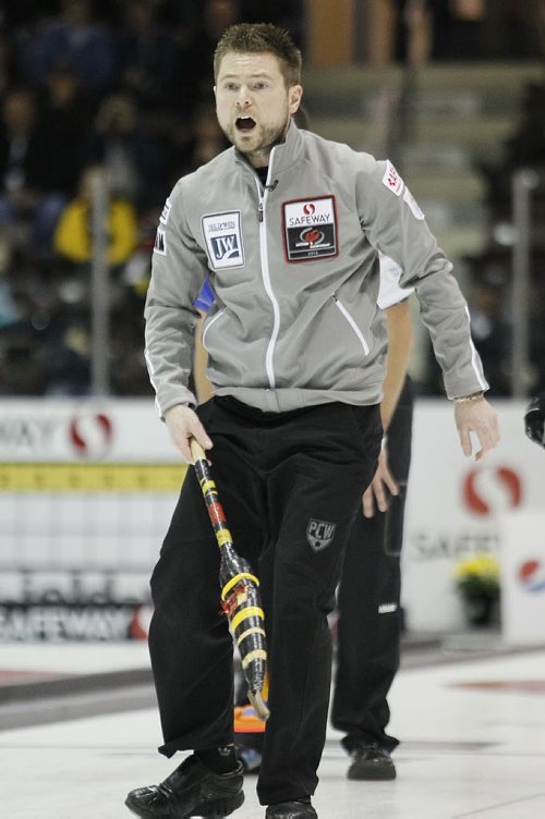 February 12, 2012 - 120212  - Mike McEwen yells at his sweepers as he curls in the Safeway Championship against Rob Fowler in Dauphin Sunday February 12, 2012.    John Woods / Winnipeg Free Press