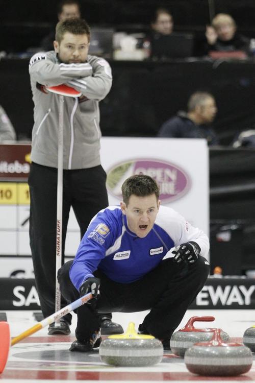 February 12, 2012 - 120212  -  Mike McEwen leans on his broom as Rob Fowler yells at his sweepers in the Safeway Championship in Dauphin Sunday February 12, 2012.    John Woods / Winnipeg Free Press