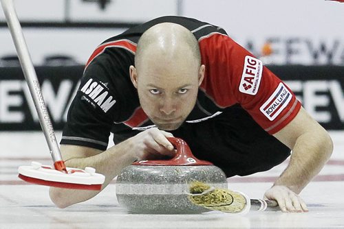 February 12, 2012 - 120212  -  BJ Neufeld, 3rd for Mike McEwen, curls in the Safeway Championship against Rob Fowler in Dauphin Sunday February 12, 2012.    John Woods / Winnipeg Free Press