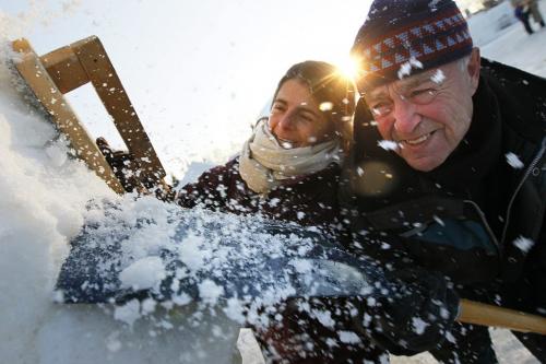 February 13, 2012 - 120213  -  Réal Bérard and Yoland Paulsen Quintana, a scupltor from Mexico, do some snow sculpting at Voyageur Park in preparation of the Festival du Voyageur in Winnipeg Monday February 13, 2012.    John Woods / Winnipeg Free Press