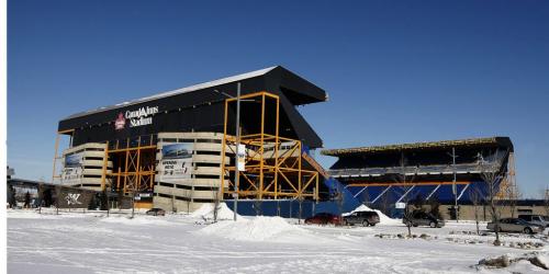Winnipeg Canad Inn Stadium will be the site of  the pre season game played  June 20th against Hamilton - the new Investors Group Field , UofM  campus stadium construction of the $190 million  stadium has lost over 60 construction days due to high winds   and will not be ready for the game . Canad Inn Stadium will be reopened  for at least one game  KEN GIGLIOTTI /  WINNIPEG FREE PRESS /  Feb. 27 2012