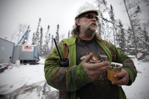 February 24, 2012 - 120224  -  Andrew Cann, field supervisor for Rodren Drilling, shows a diamond bit to potential investors at the Ogama-Rockland Project for Bison Gold Resources Friday February 24, 2012.    John Woods / Winnipeg Free Press