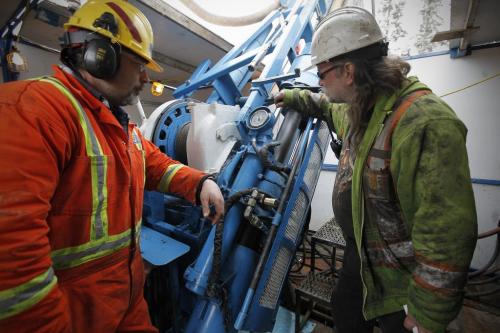 February 24, 2012 - 120224  -  Andrew Cann (R), field supervisor for Rodren Drilling, and his drill operator Mark Patterson operator a core drill at the Ogama-Rockland Project for Bison Gold Resources Friday February 24, 2012.   John Woods / Winnipeg Free Press