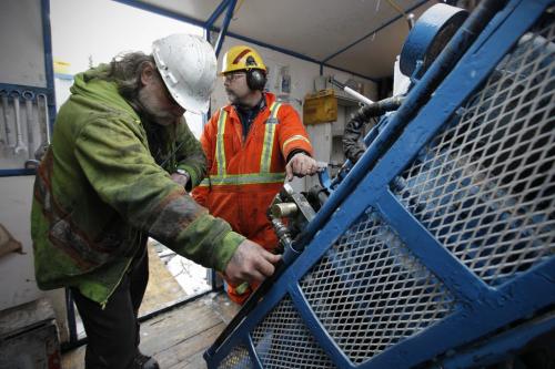 February 24, 2012 - 120224  -  Andrew Cann (L), field supervisor for Rodren Drilling, and his drill operator Mark Patterson operator a core drill at the Ogama-Rockland Project for Bison Gold Resources Friday February 24, 2012.   John Woods / Winnipeg Free Press