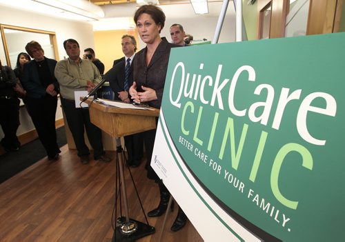 Health Minister Theresa Oswald today unveiled Manitobas first Quickcare Clinic at Win Gardner Place at 363 McGregor The clinics will give all access to Nurse Practitioner for non emergency health checkups- such as a sick child with a cold- see Larry Kusch story- March 06, 2012   (JOE BRYKSA / WINNIPEG FREE PRESS)