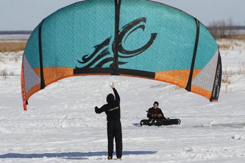 March 11, 2012 - 120311  -  Alex Drivas (R) and Mark Schroeder were out learning how to kite board with their new kite at Oak Hammock Marsh Sunday, March 11, 2012.    John Woods / Winnipeg Free Press