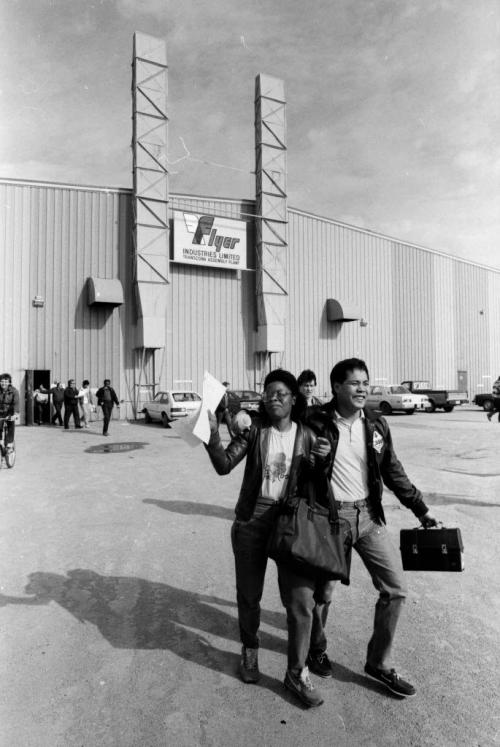Winnipeg - Flyer workers leave Transcona plant with news of company's sale to Dutch firm den Oudsten Bus Works. April 23, 1986. WAYNE GLOWACKI PHOTO / WINNIPEG FREE PRESS