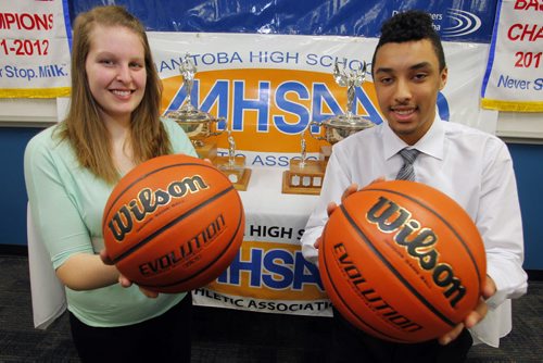 HIGHSCHOOL BASKETBALL PRESS CONFERENCE - Westwood Warriors Lauren Anderson and Garden City Fighting Gophers Andre Arruda-Welch pose for a photo. They are from the top seeded teams in the finals this week-weekend.   March 13, 2012  BORIS MINKEVICH / WINNIPEG FREE PRESS